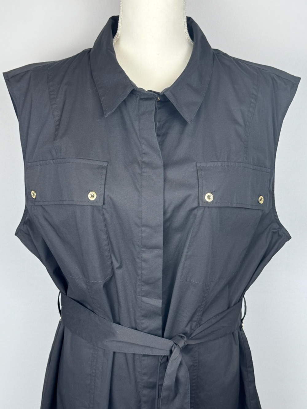 New H By Halston Black Sleeveless Shirtdress Gold Buttons Belted Size 2XL Office - Picture 3 of 11